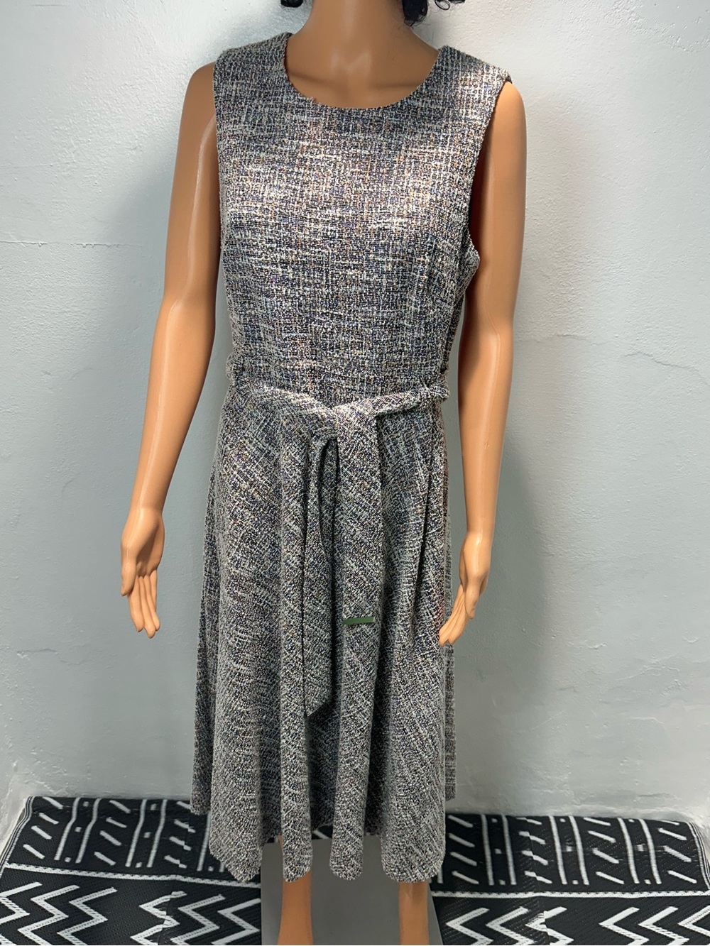 Calvin Klein Tweed Sleeveless Belted Midi Dress - Size 12 Excellent Condition